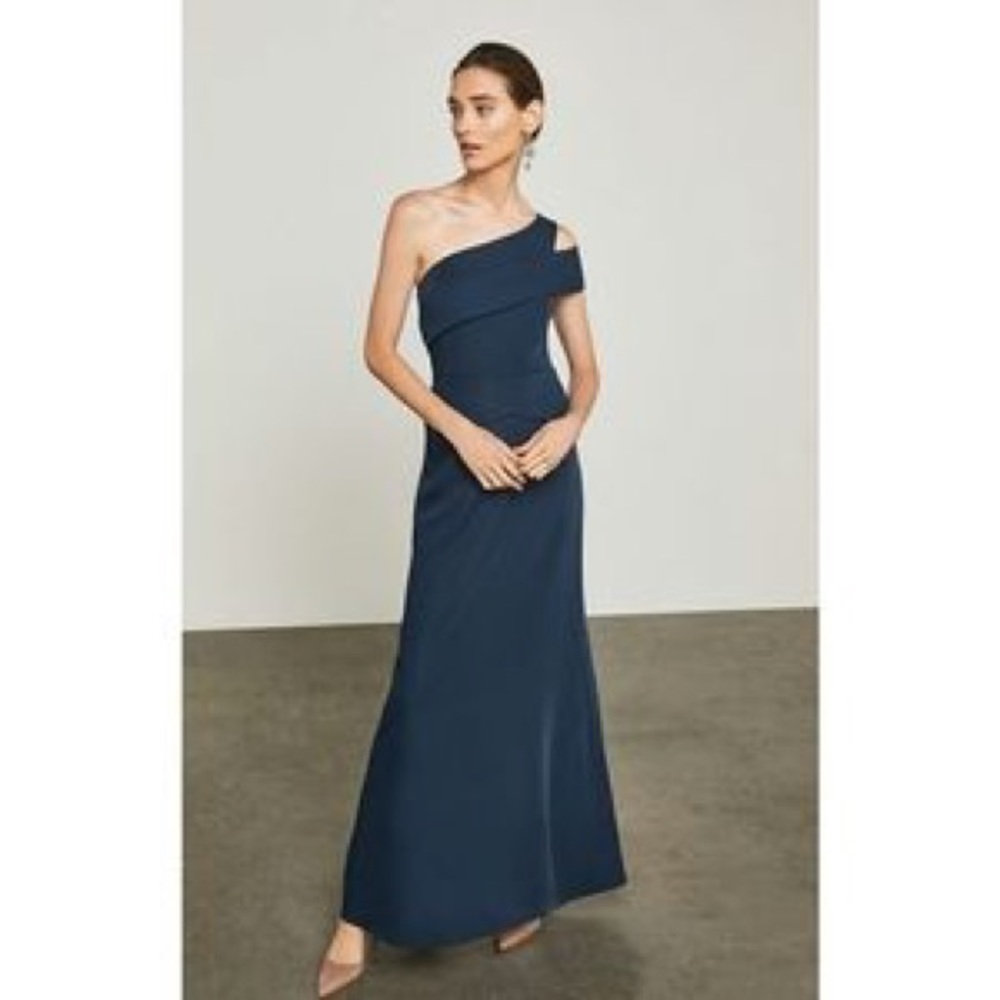 BCBG navy one shoulder long dress